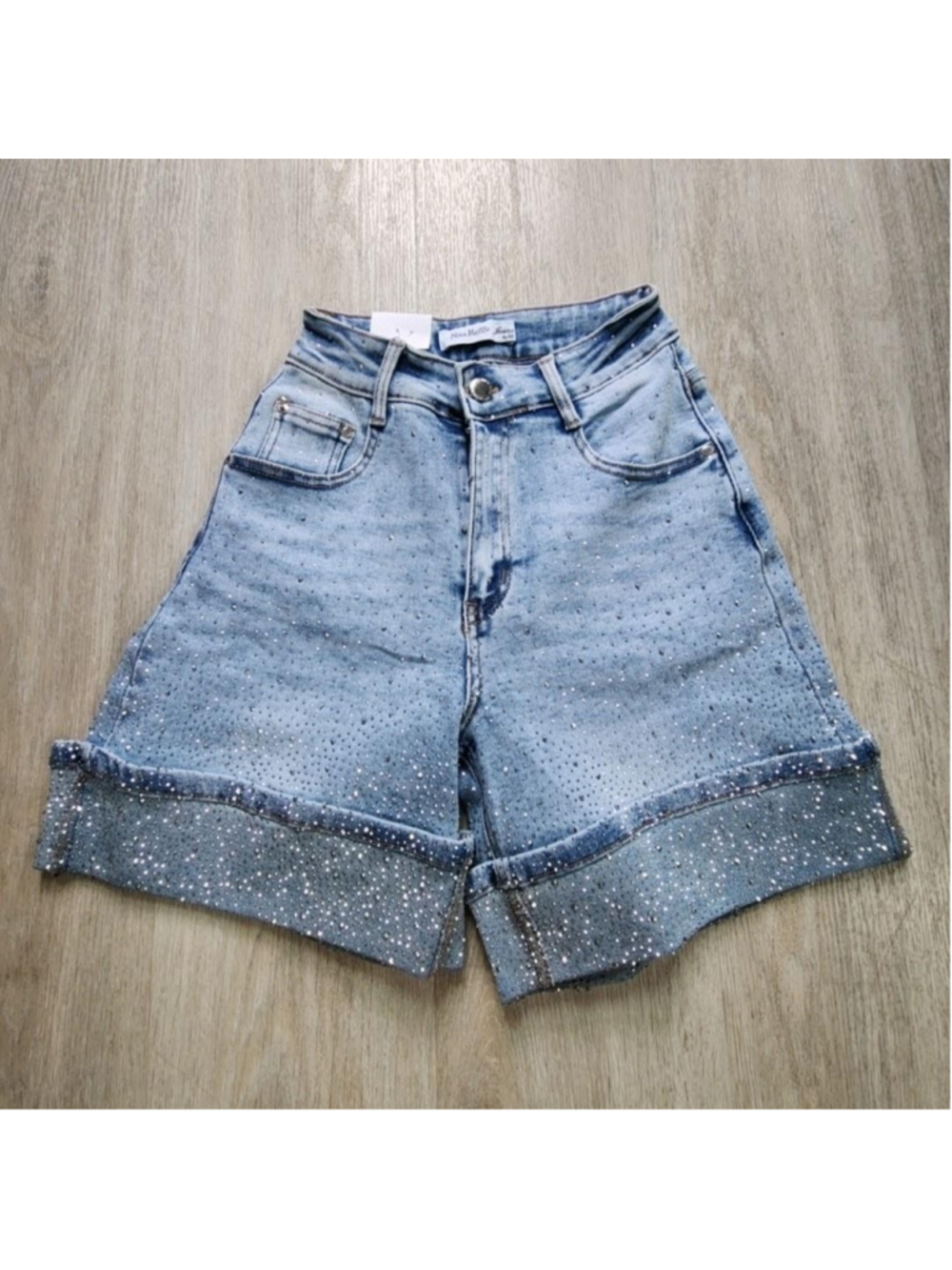 NEW Nina Rossi Jeans Shorts Womens S Blue Rhinestone Cuffed Bermuda Denim